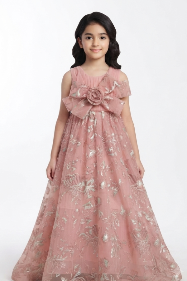 Girls Dusty Pink Floral Pattern Party Wear Sleeveless Round Neck Maxi Dress