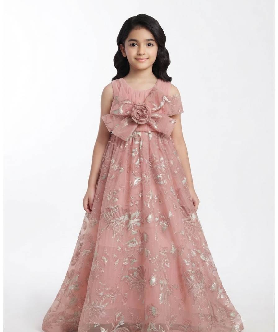 Girls Dusty Pink Floral Pattern Party Wear Sleeveless Round Neck Maxi Dress