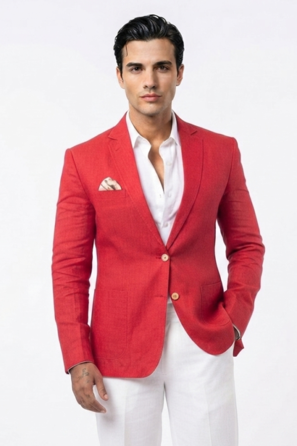 Men's Red Solid Single-Breasted Blazer with Notch Lapel and Full Sleeves