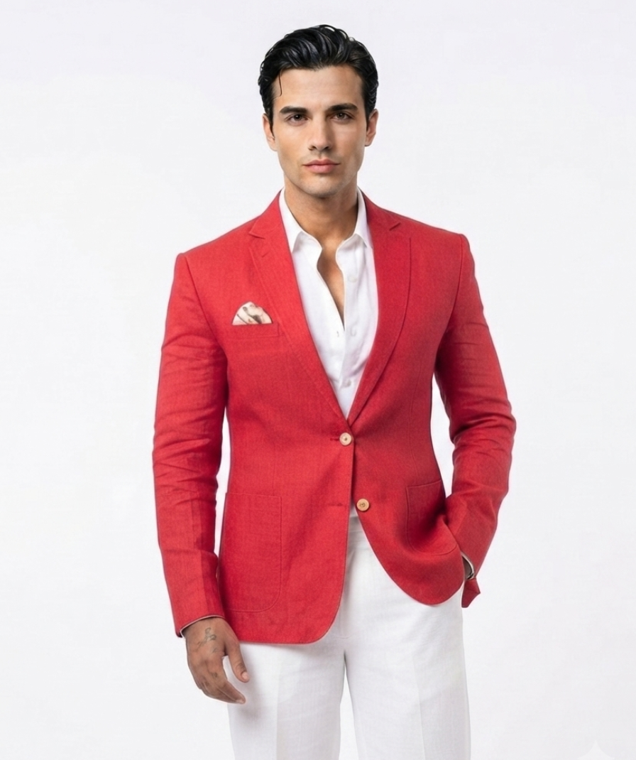 Men's Red Solid Single-Breasted Blazer with Notch Lapel and Full Sleeves