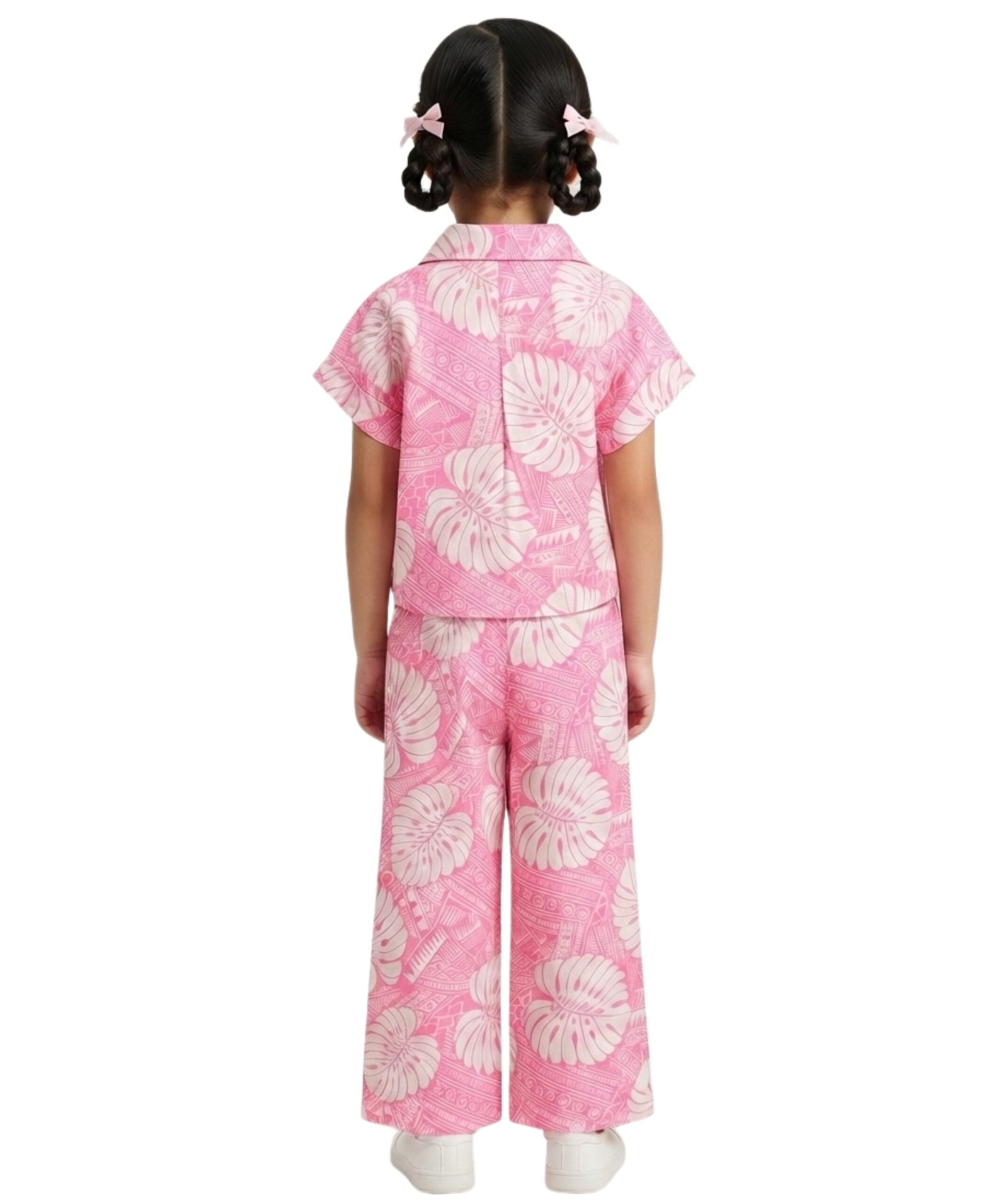 Girls Pink Tropical Leaf Printed Co-Ord Set - Image 3