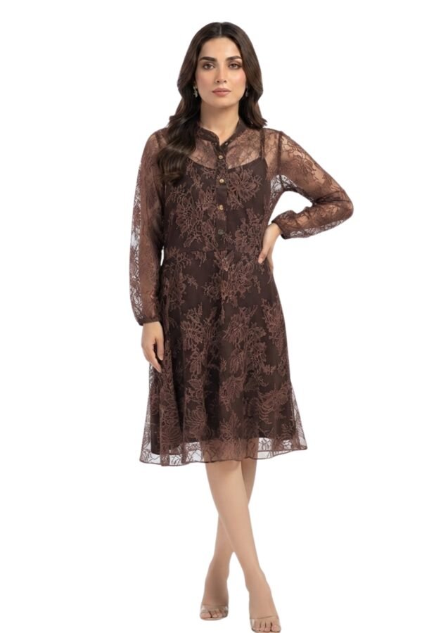 Women's Brown Floral Pattern Sheer Long Sleeve Midi Dress