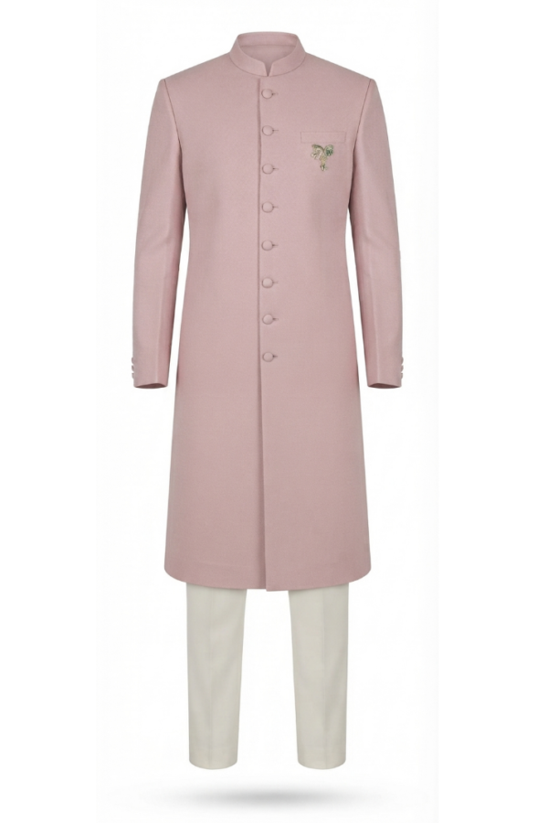 Men's Blush Pink Solid Sherwani with Full Sleeves & Band Collar