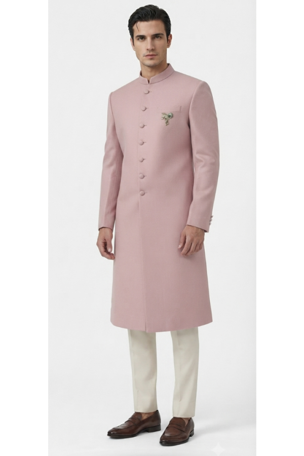 Men's Blush Pink Solid Sherwani with Full Sleeves & Band Collar