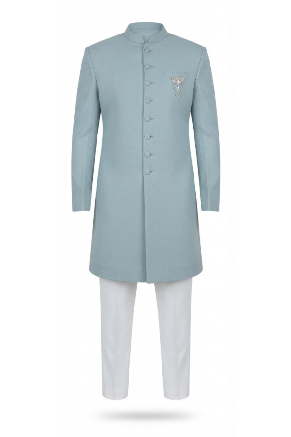 Men's Sky Blue Textured Sherwani with Full Sleeves & Band Collar