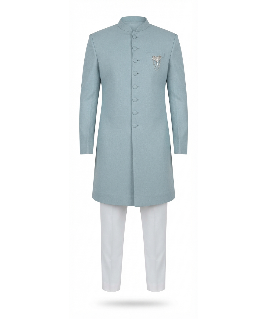 Men's Sky Blue Textured Sherwani with Full Sleeves & Band Collar - Image 2