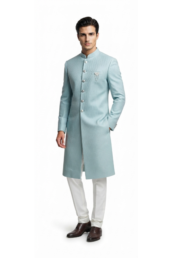 Men's Sky Blue Textured Sherwani with Full Sleeves & Band Collar