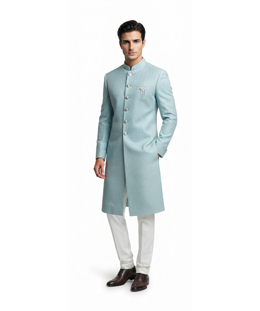 Men's Sky Blue Textured Sherwani with Full Sleeves & Band Collar