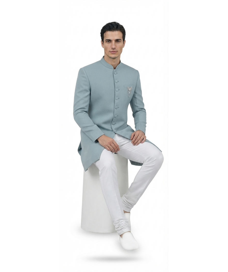 Men's Sky Blue Textured Sherwani with Full Sleeves & Band Collar - Image 3