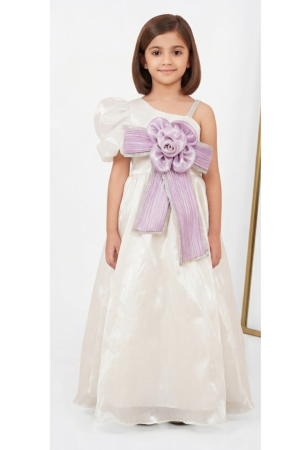 Girls Off White Party Wear One-Shoulder Maxi Dress with Puff Sleeve and Lavender Bow Detai