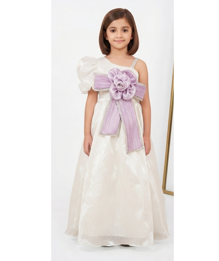 Girls Off White Party Wear One-Shoulder Maxi Dress with Puff Sleeve and Lavender Bow Detai