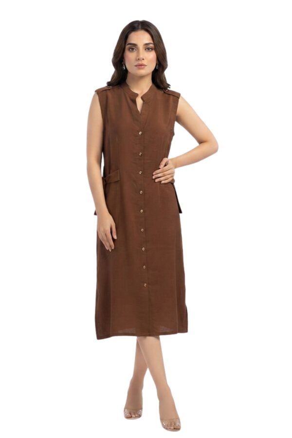 Women's Solid Brown Sleeveless Button-Front Midi Dress