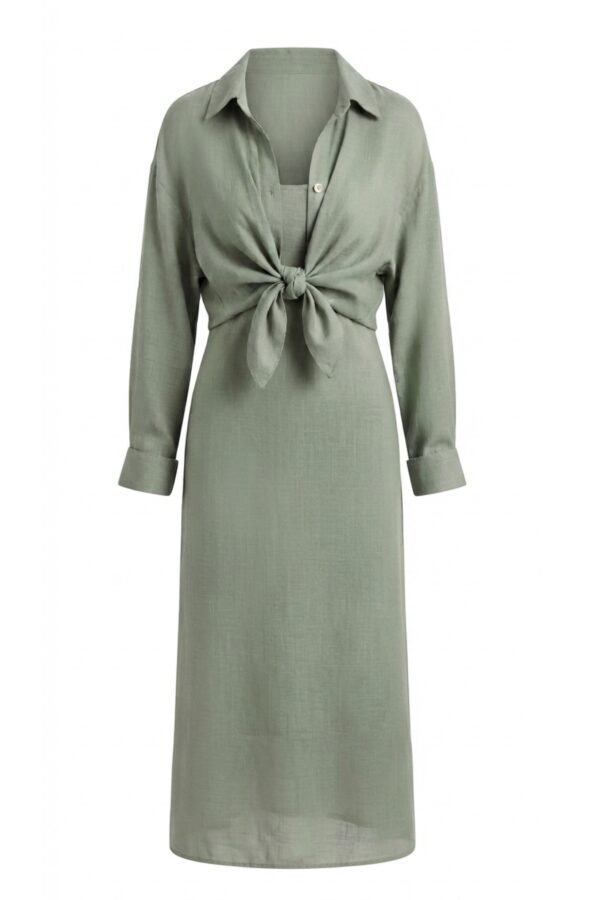 Women's Sage Green Tie-Front Shirt Midi Dress