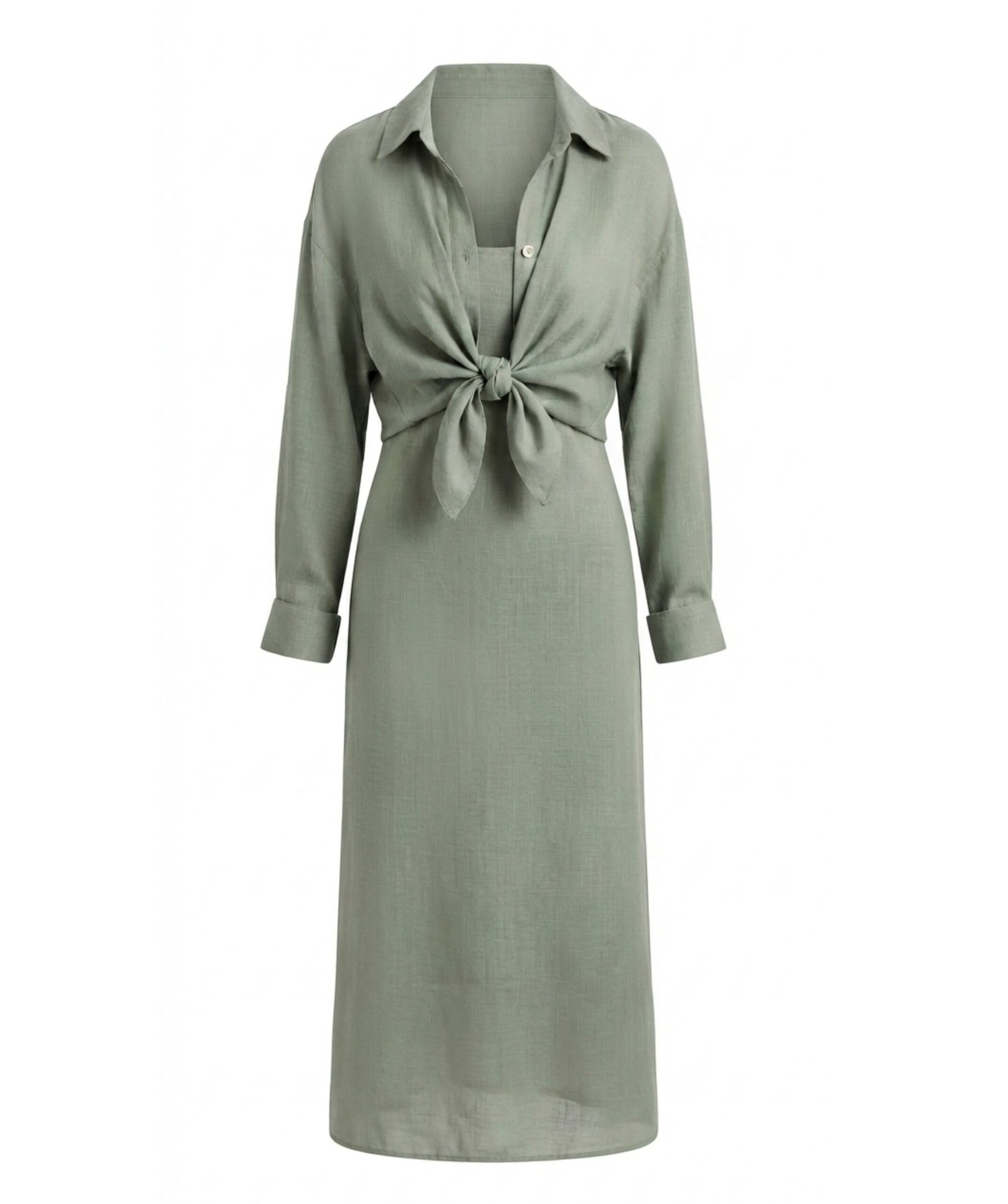Women's Sage Green Tie-Front Shirt Midi Dress - Image 2