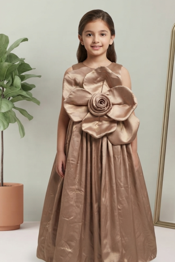 Girls Bronze Brown Solid Party Wear Sleeveless Round Neck Maxi Dress with Oversized Floral Appliqué