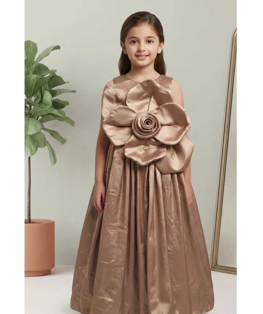 Girls Bronze Brown Solid Party Wear Sleeveless Round Neck Maxi Dress with Oversized Floral Appliqué