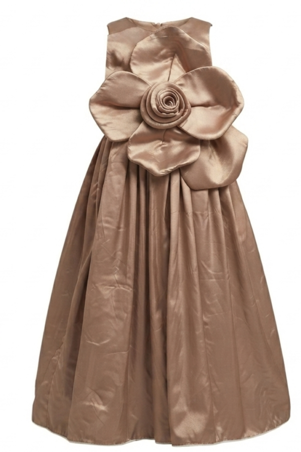 Girls Bronze Brown Solid Party Wear Sleeveless Round Neck Maxi Dress with Oversized Floral Appliqué
