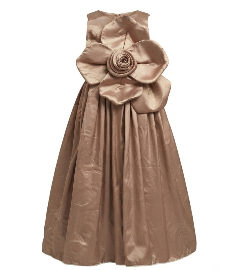 Girls Bronze Brown Solid Party Wear Sleeveless Round Neck Maxi Dress with Oversized Floral Appliqué - Image 2