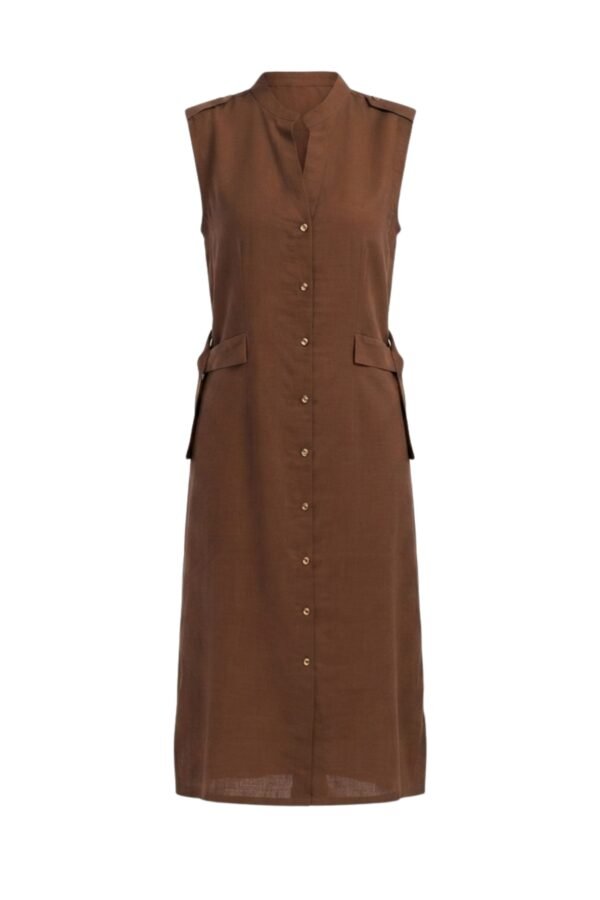 Women's Solid Brown Sleeveless Button-Front Midi Dress