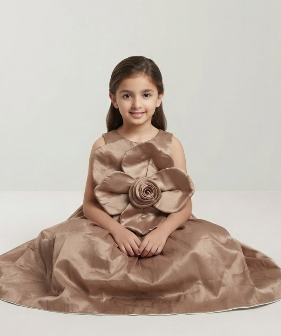 Girls Bronze Brown Solid Party Wear Sleeveless Round Neck Maxi Dress with Oversized Floral Appliqué - Image 4