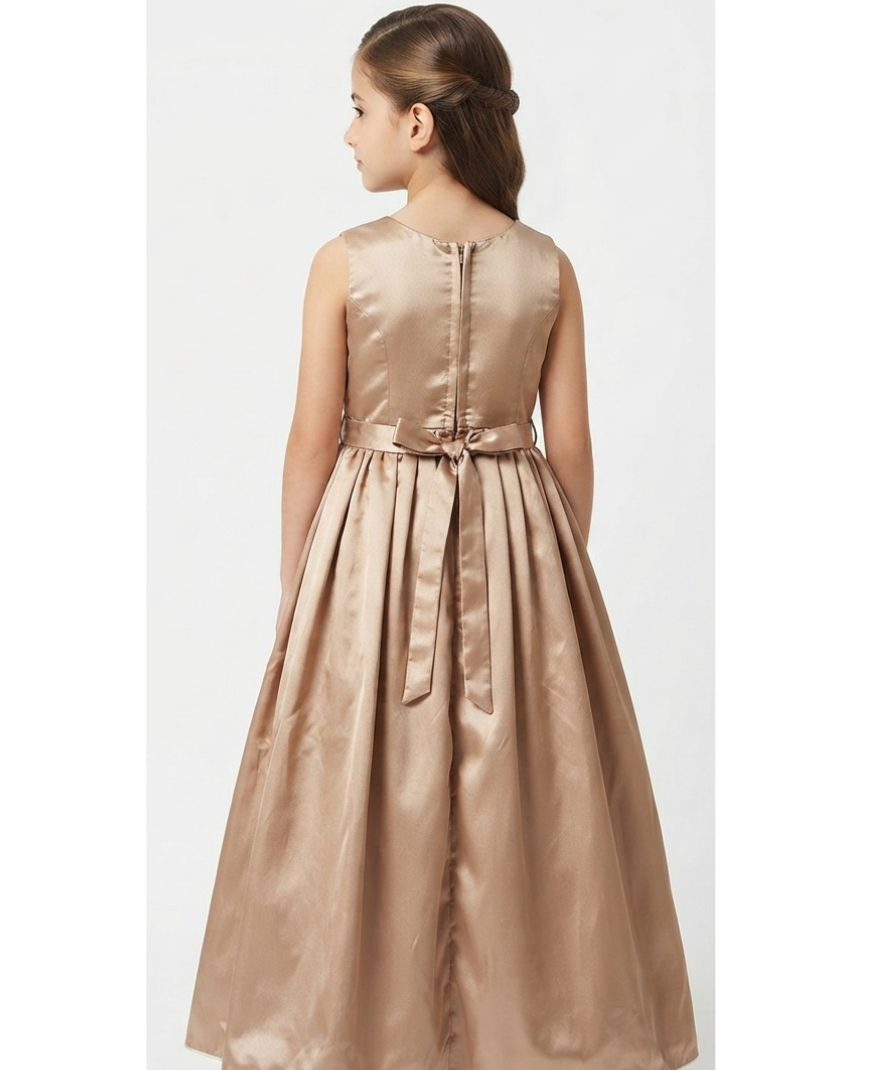 Girls Bronze Brown Solid Party Wear Sleeveless Round Neck Maxi Dress with Oversized Floral Appliqué - Image 5