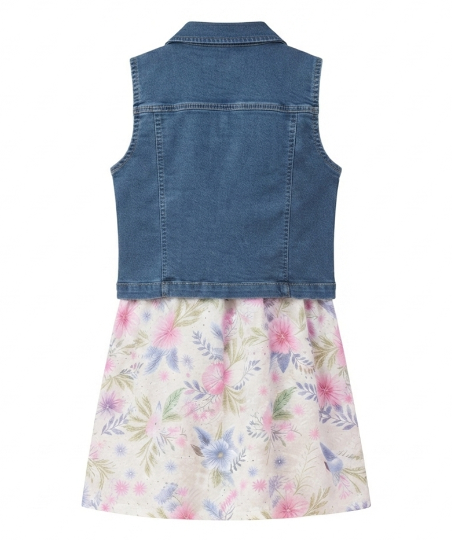 Girls White Floral Sleeveless Dress with Blue Denim Collared Vest - Image 3