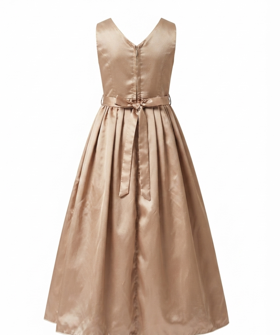 Girls Bronze Brown Solid Party Wear Sleeveless Round Neck Maxi Dress with Oversized Floral Appliqué - Image 3