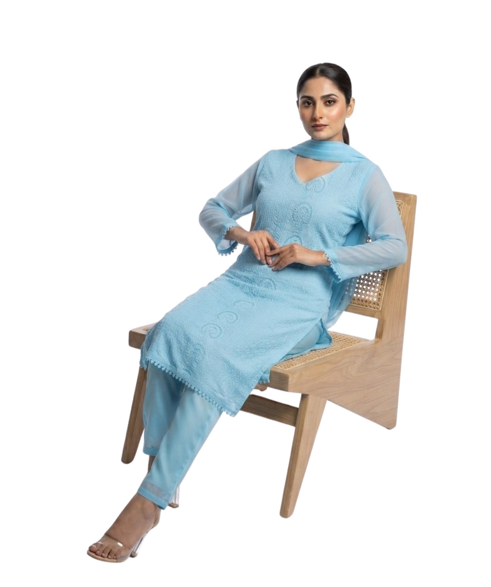 Women's Sky Blue Embroidered Straight Kurta Set - Image 3