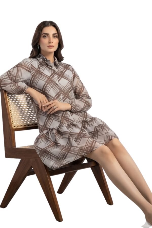 Women's White & Brown Checkered Shirt Collar Drop Waist Mini Dress