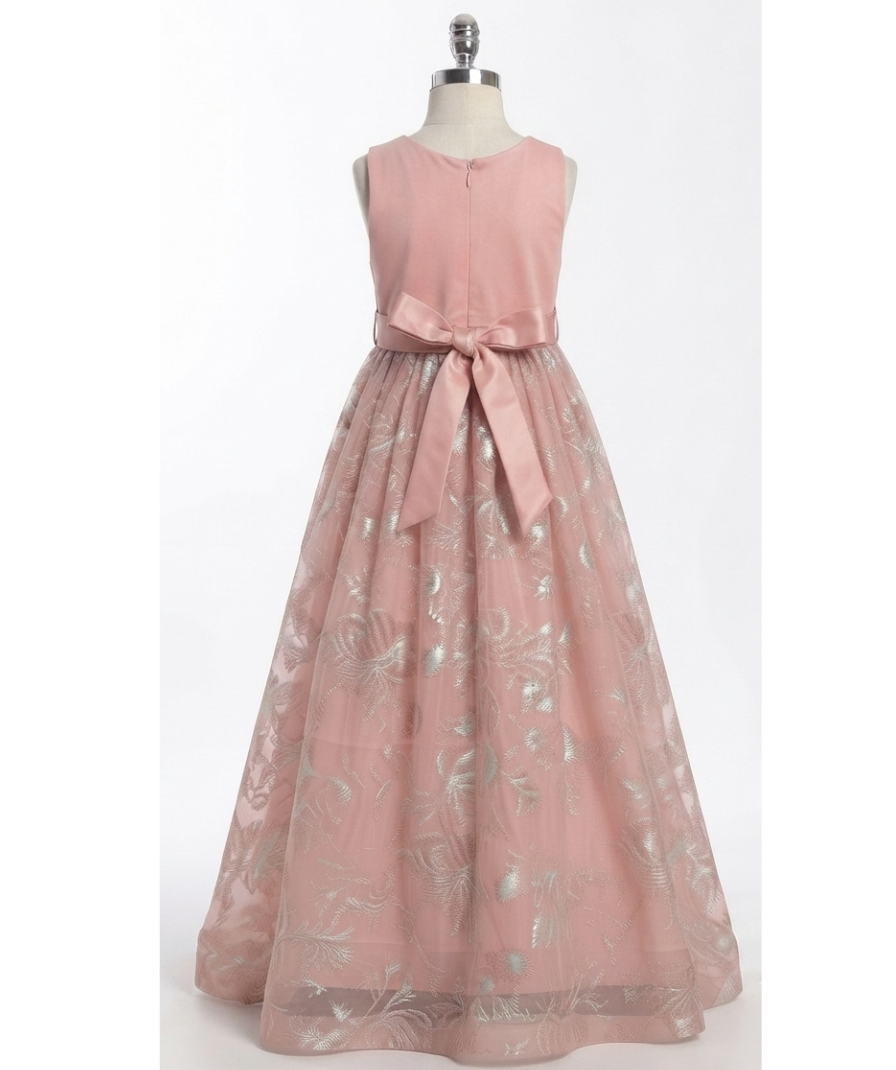 Girls Dusty Pink Floral Pattern Party Wear Sleeveless Round Neck Maxi Dress - Image 3