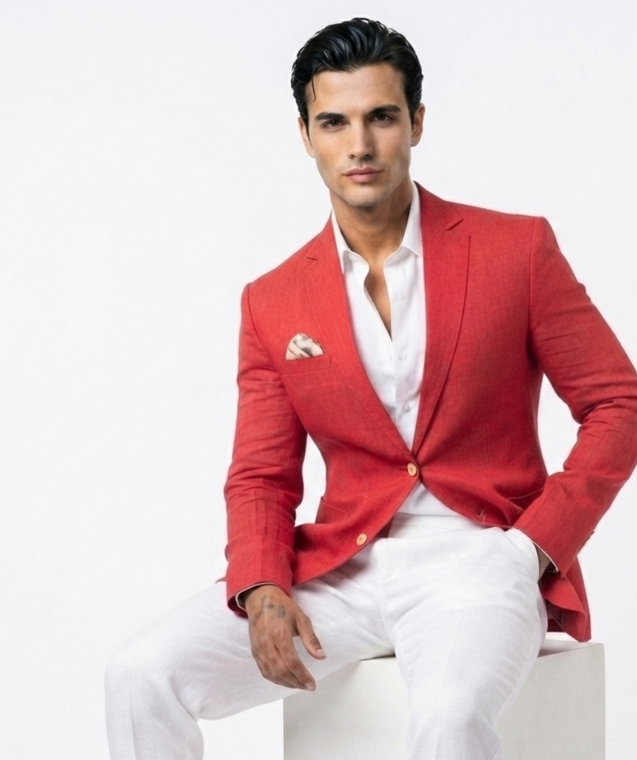 Men's Red Solid Single-Breasted Blazer with Notch Lapel and Full Sleeves - Image 3