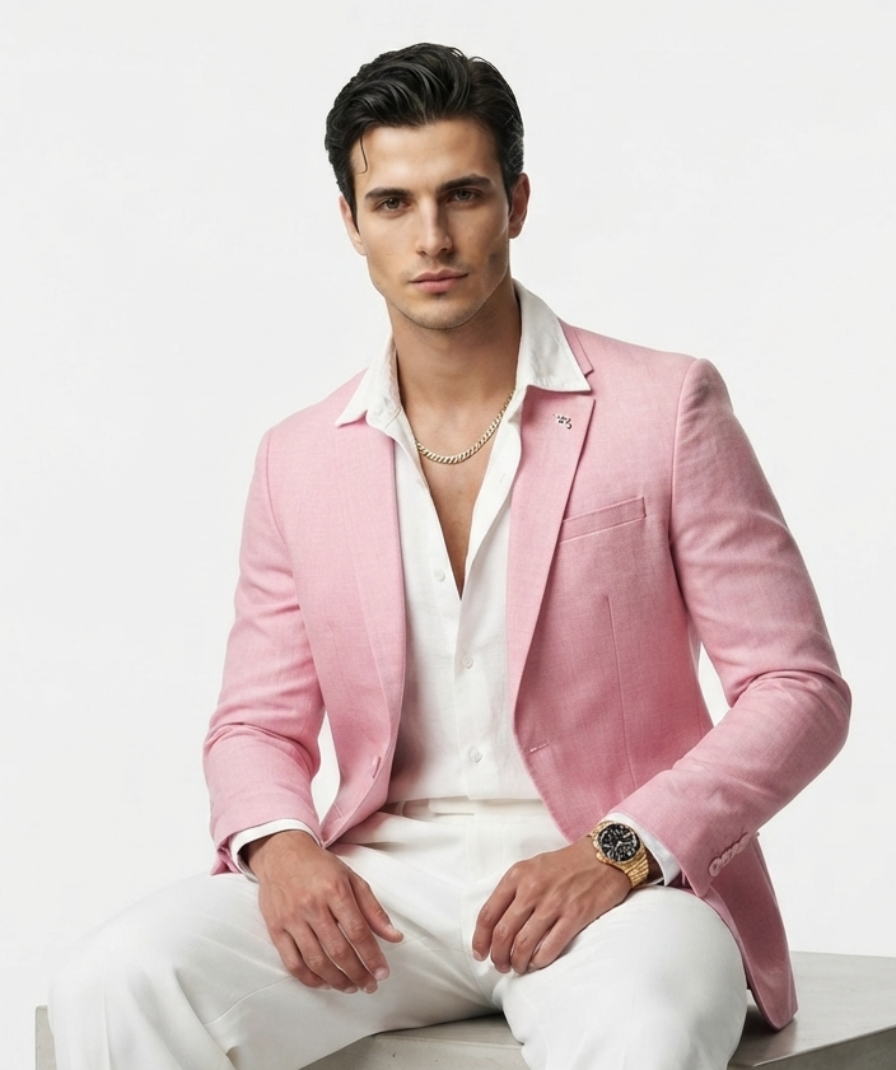 Men's Light Pink Solid Formal Blazer with Full Sleeves and Notch Lapel - Image 3
