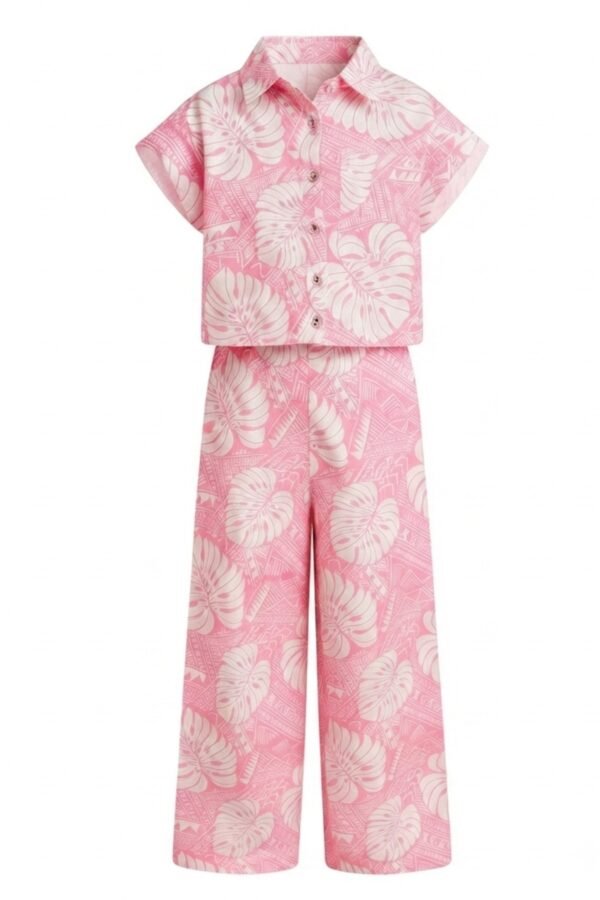 Girls Pink Tropical Leaf Printed Co-Ord Set