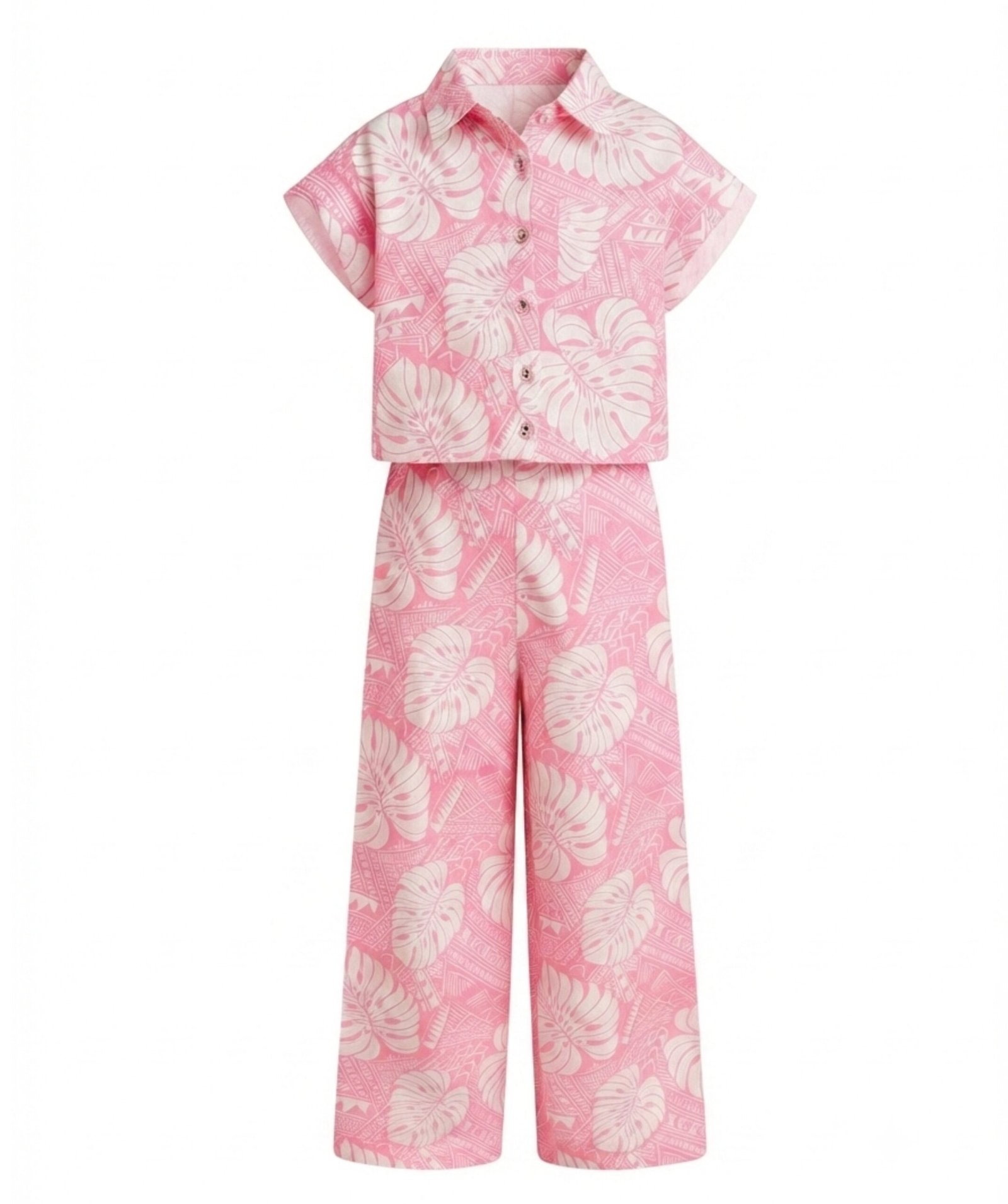 Girls Pink Tropical Leaf Printed Co-Ord Set - Image 2