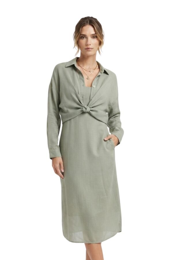 Women's Sage Green Tie-Front Shirt Midi Dress