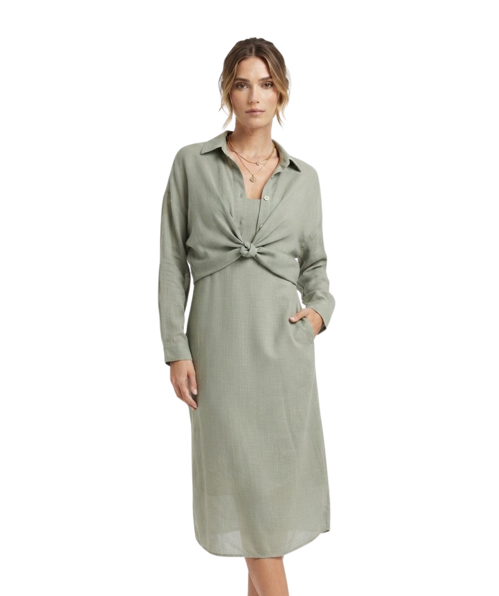 Women's Sage Green Tie-Front Shirt Midi Dress