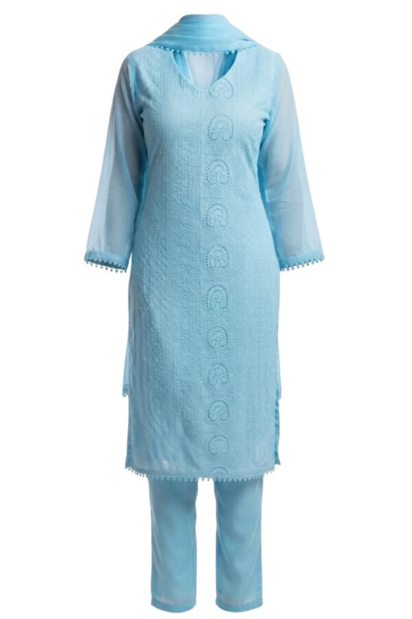 Women's Sky Blue Embroidered Straight Kurta Set