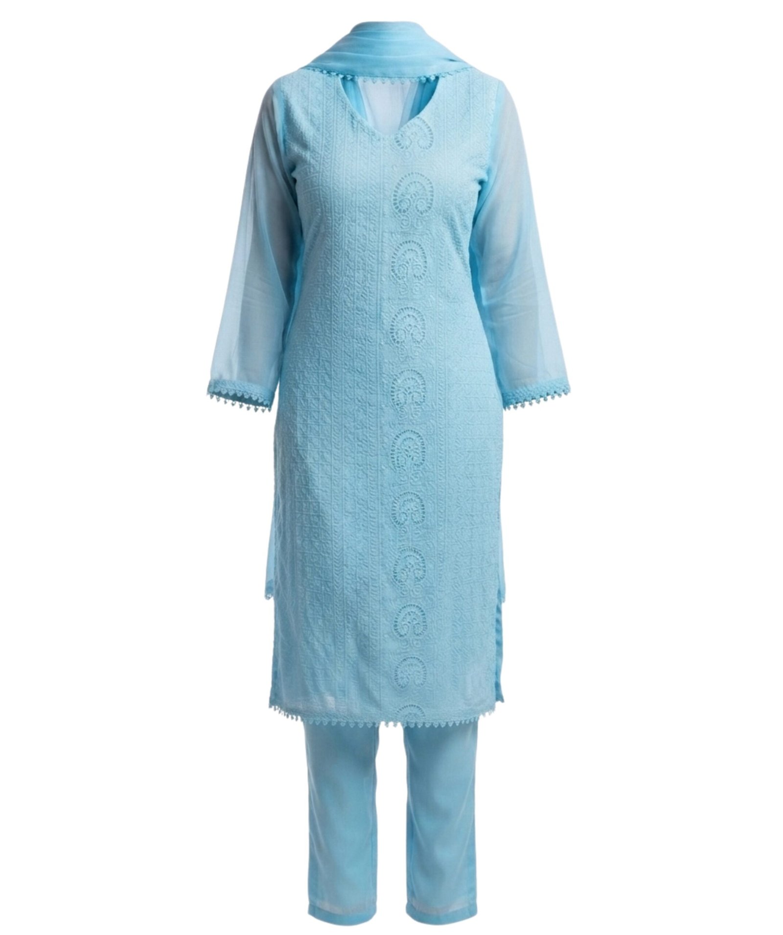 Women's Sky Blue Embroidered Straight Kurta Set - Image 2