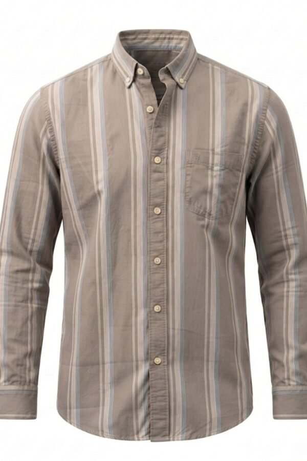 Men's Taupe & White Vertical Striped Casual Shirt