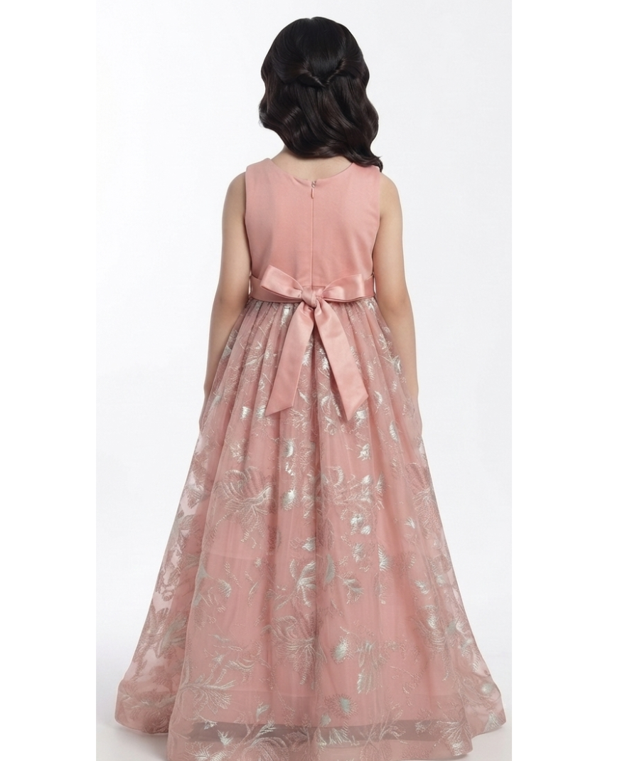 Girls Dusty Pink Floral Pattern Party Wear Sleeveless Round Neck Maxi Dress - Image 5