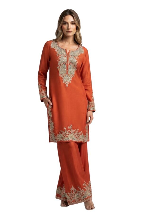 Women's Rust Embroidered Kurta & Wide-Leg Palazzo Set