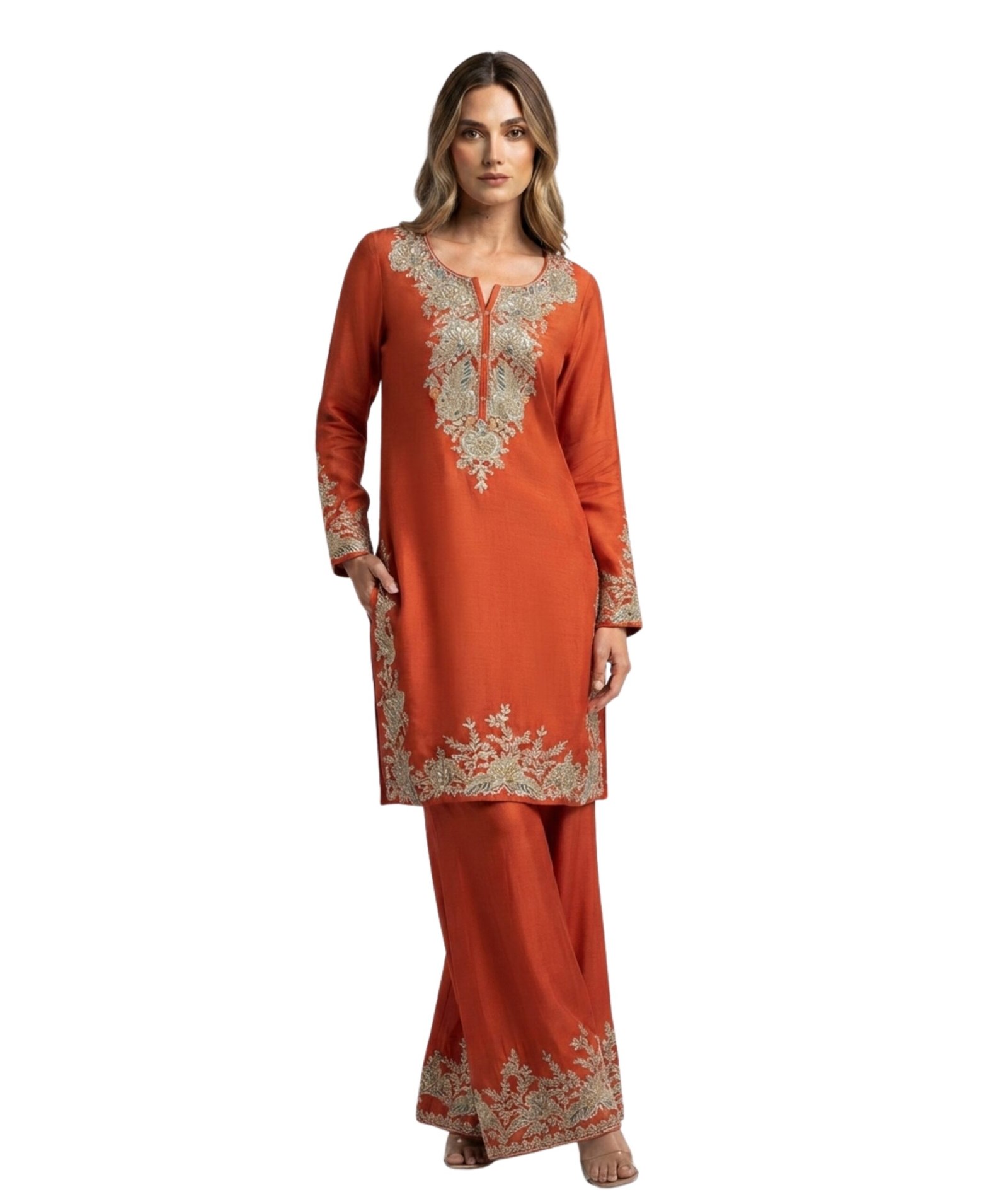 Women's Rust Embroidered Kurta & Wide-Leg Palazzo Set