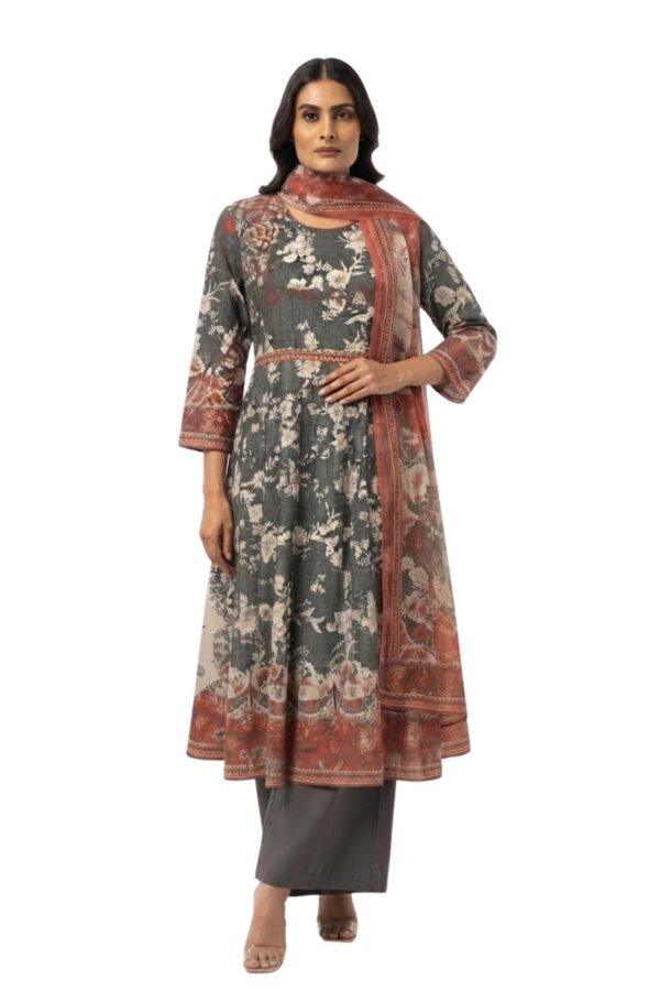 Women's Grey & Rust Floral Printed Anarkali Kurta Set