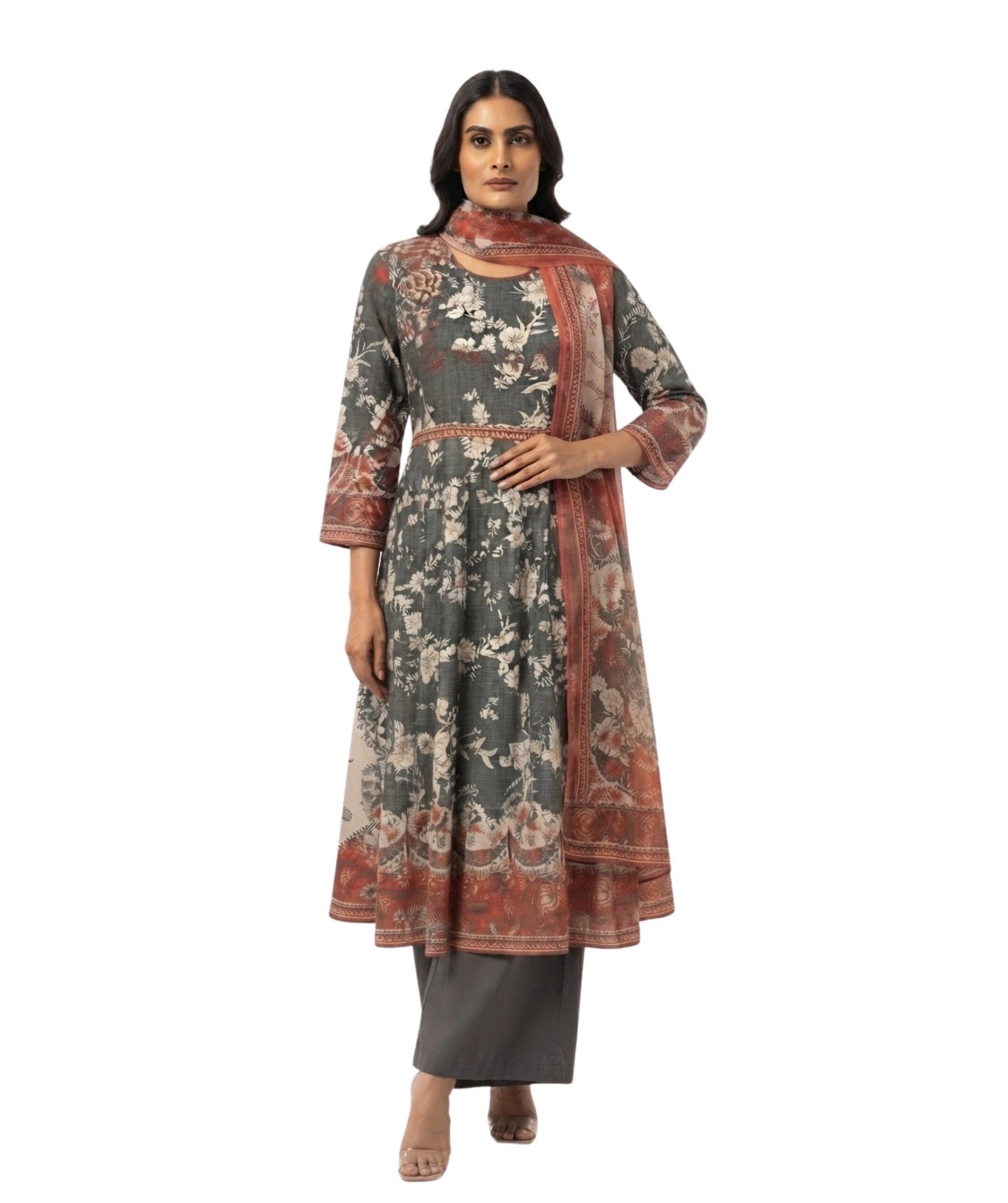 Women's Grey & Rust Floral Printed Anarkali Kurta Set