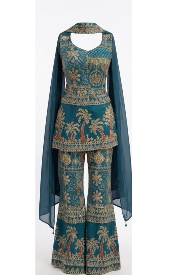 Embroidered Teal Cape Co-ord Set