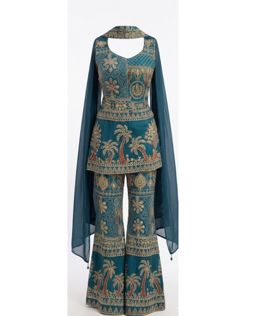 Embroidered Teal Cape Co-ord Set - Image 2