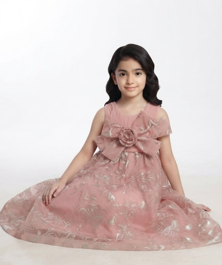 Girls Dusty Pink Floral Pattern Party Wear Sleeveless Round Neck Maxi Dress - Image 4
