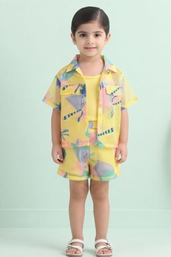 Girls Yellow Tropical Print 3-Piece Co-Ord Set