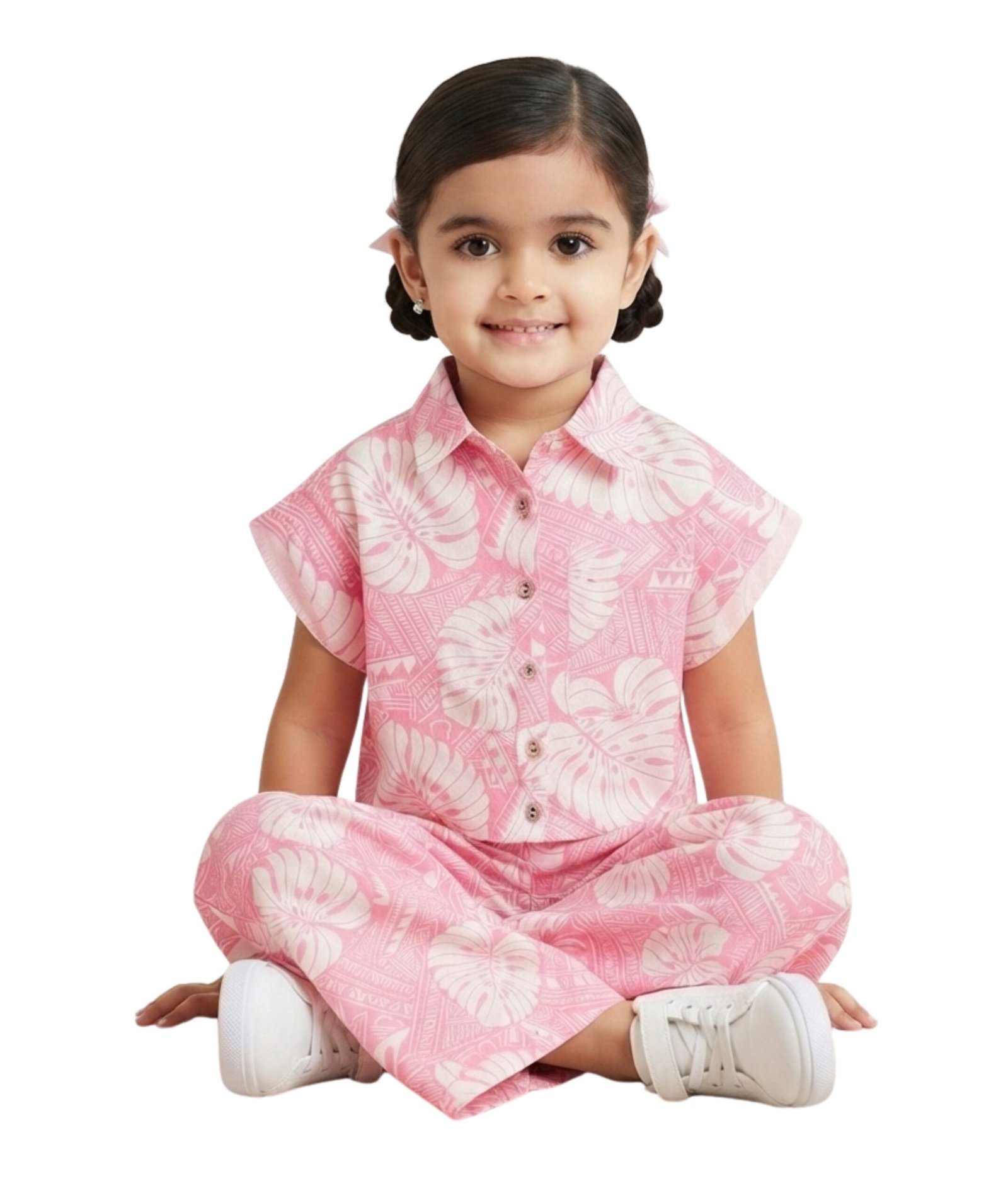Girls Pink Tropical Leaf Printed Co-Ord Set - Image 5