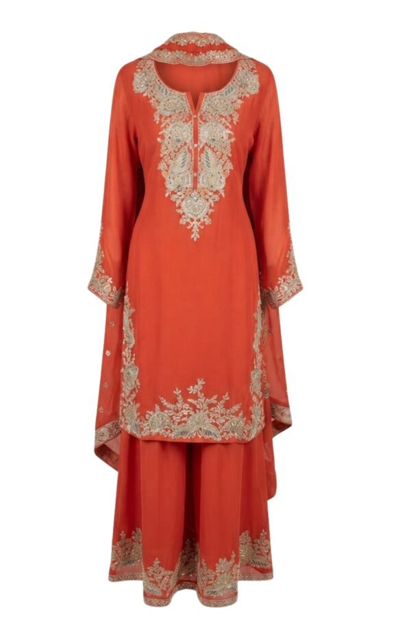 Women's Rust Embroidered Kurta & Wide-Leg Palazzo Set